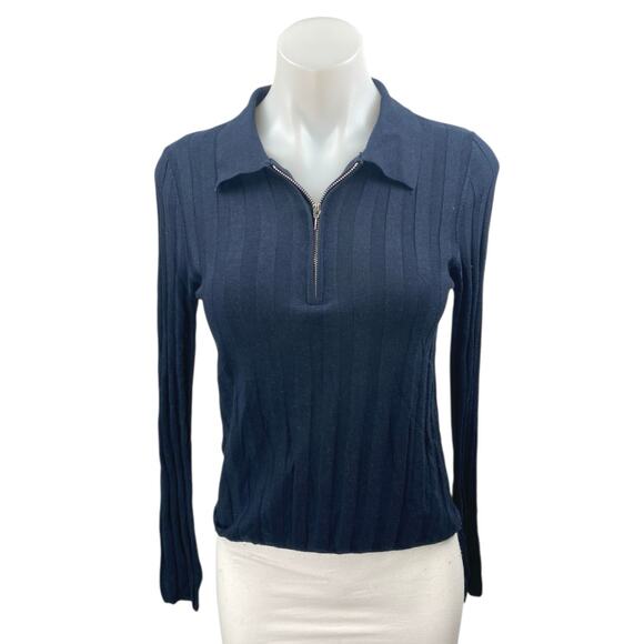 NEW MNG Mango Women's Navy Blue 1/4 Zip Collar Long Sleeve Polo Sweater Top M - Picture 1 of 3
